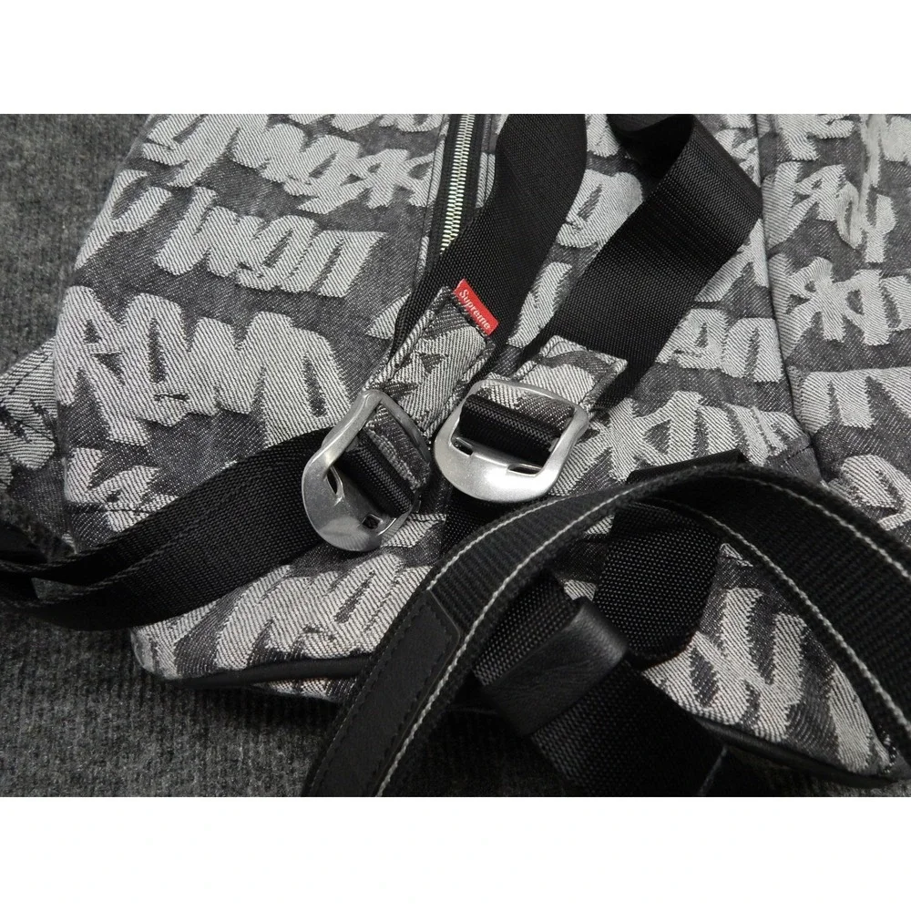 Supreme Fat Tip Jacquard Denim Backpack Black White Graffiti Logo Bag